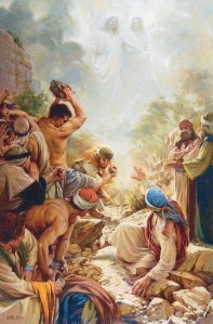 Stoning of Stephen as he envisions Jesus standing at the right hand of God