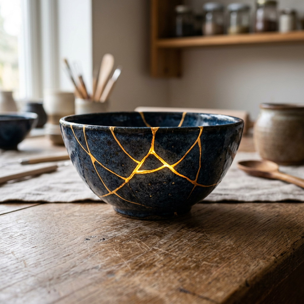 Dark ceramic bowl with gold lacquer cracks highlighting Kintsugi repair
