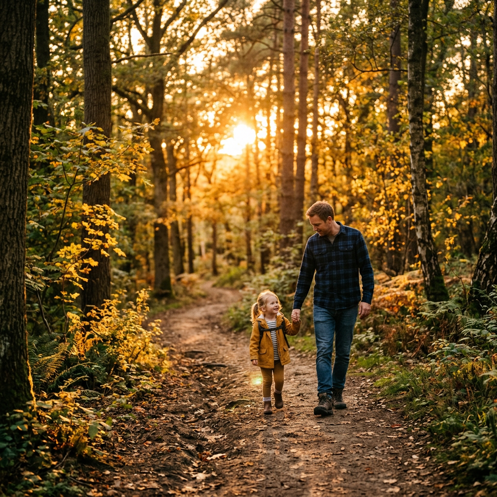 Father and daughter walking hand in hand on a forest trail in autumn