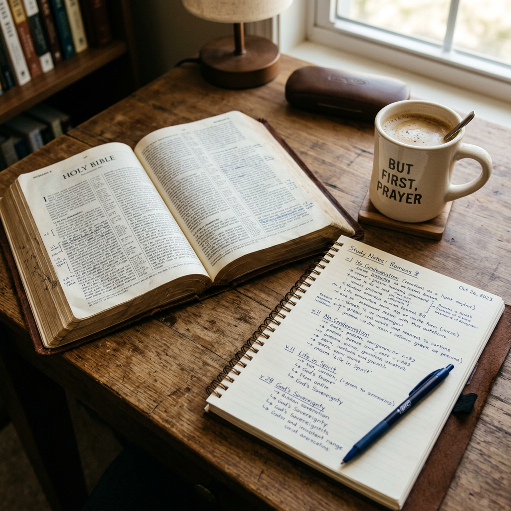 Open Holy Bible, study notes, pen, and coffee mug reading “BUT FIRST, PRAYER”