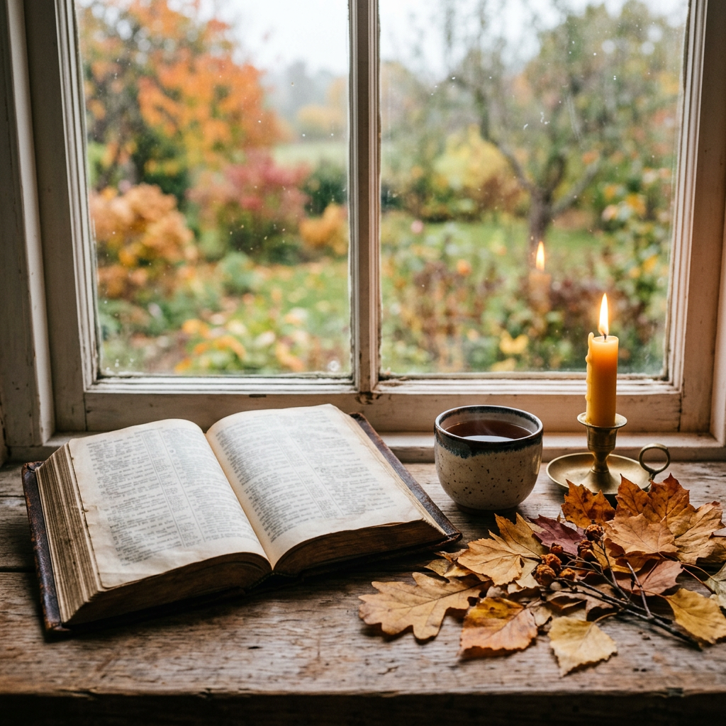 Open book, coffee, candle, and autumn leaves on a windowsill