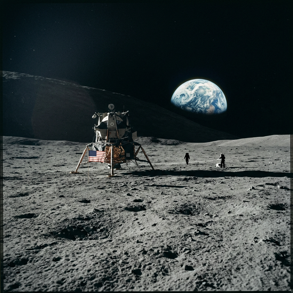 Lunar module and astronauts on the Moon with Earth rising behind them